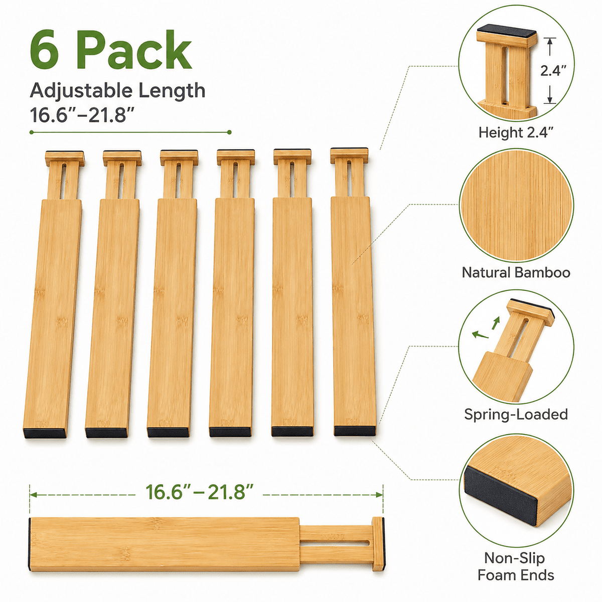 Moso Bamboo Drawer Dividers, Expandable 16.6-21.8 in, 6 Pack