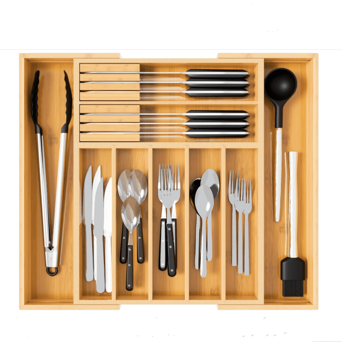 Expandable Bamboo Utensil Tray, 9 Deep Slots