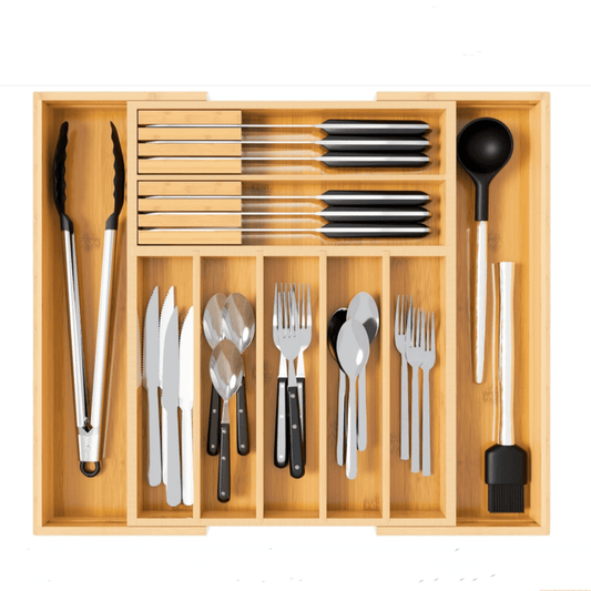 Expandable Bamboo Utensil Tray, 9 Deep Slots