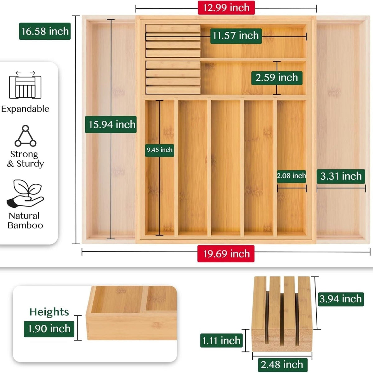 Expandable Bamboo Utensil Tray, 9 Deep Slots