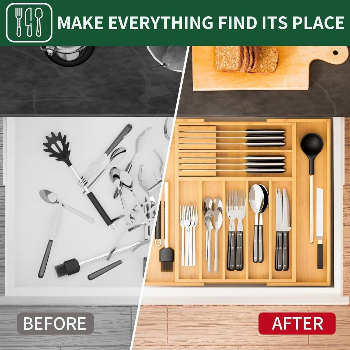 Expandable Bamboo Utensil Tray, 9 Deep Slots