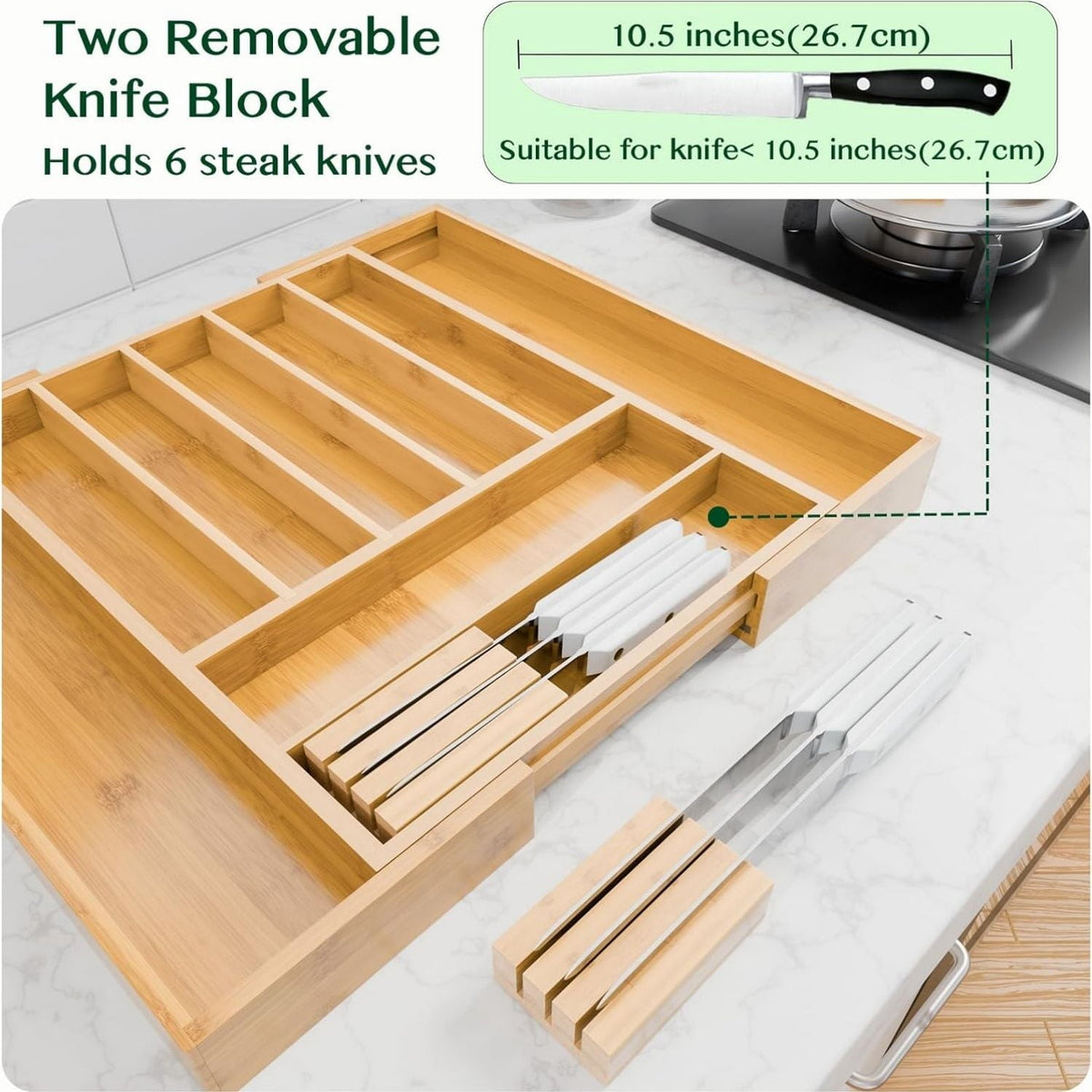 Expandable Bamboo Utensil Tray, 9 Deep Slots