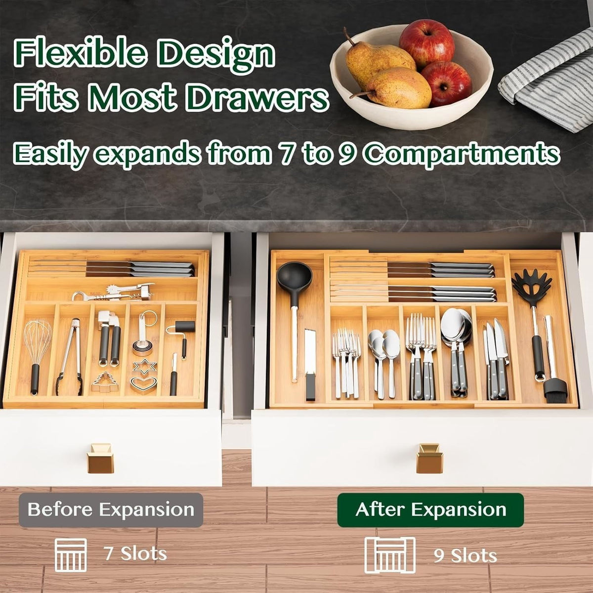 Expandable Bamboo Utensil Tray, 9 Deep Slots