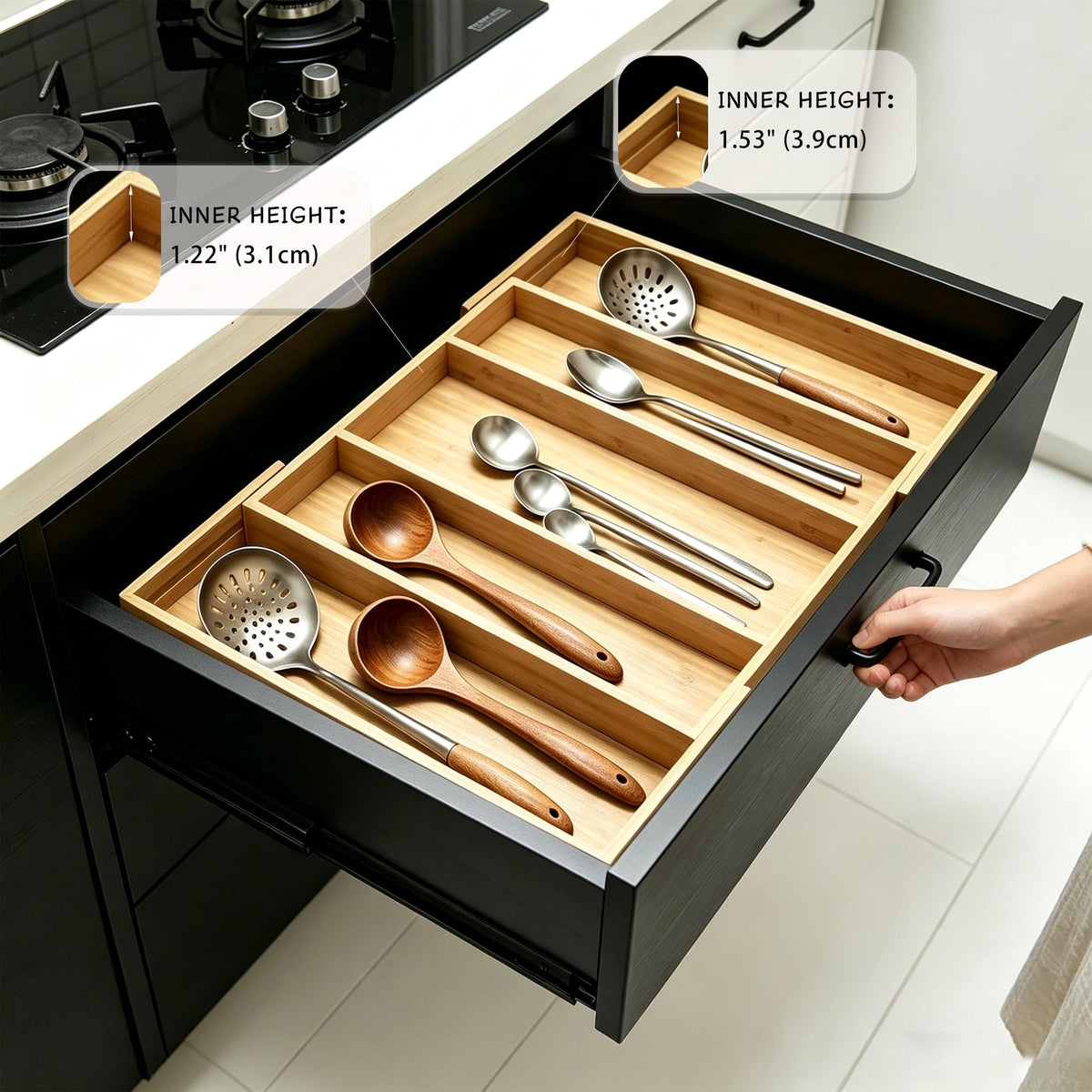 Expandable Bamboo Drawer Organizer, 5 Slots