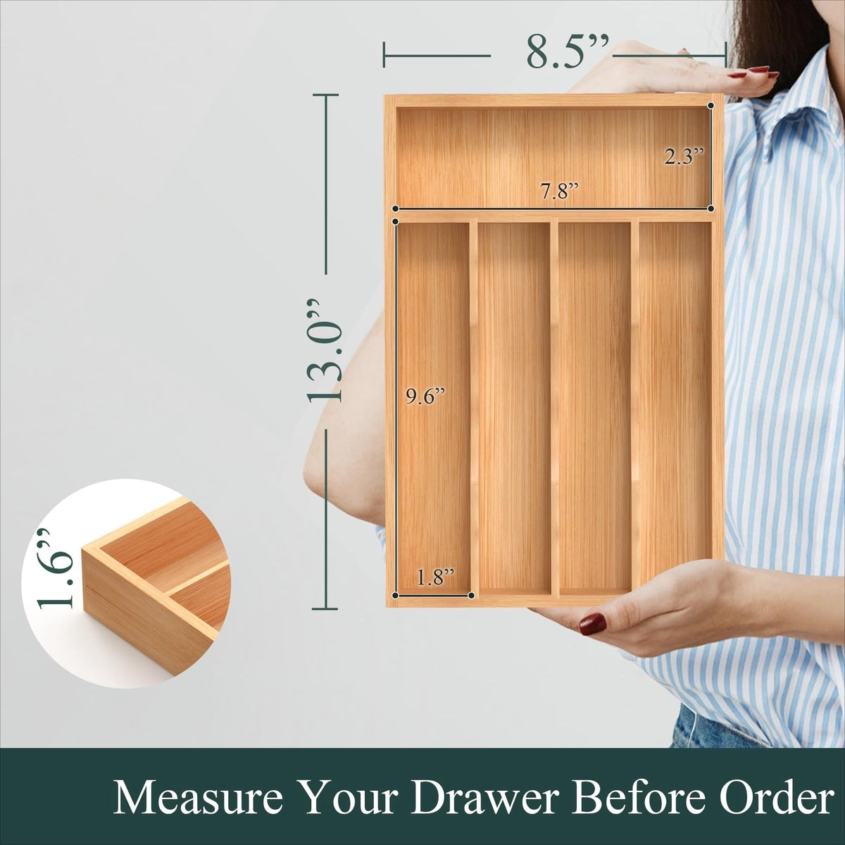 Expandable Bamboo Cutlery Tray with Grooved Dividers