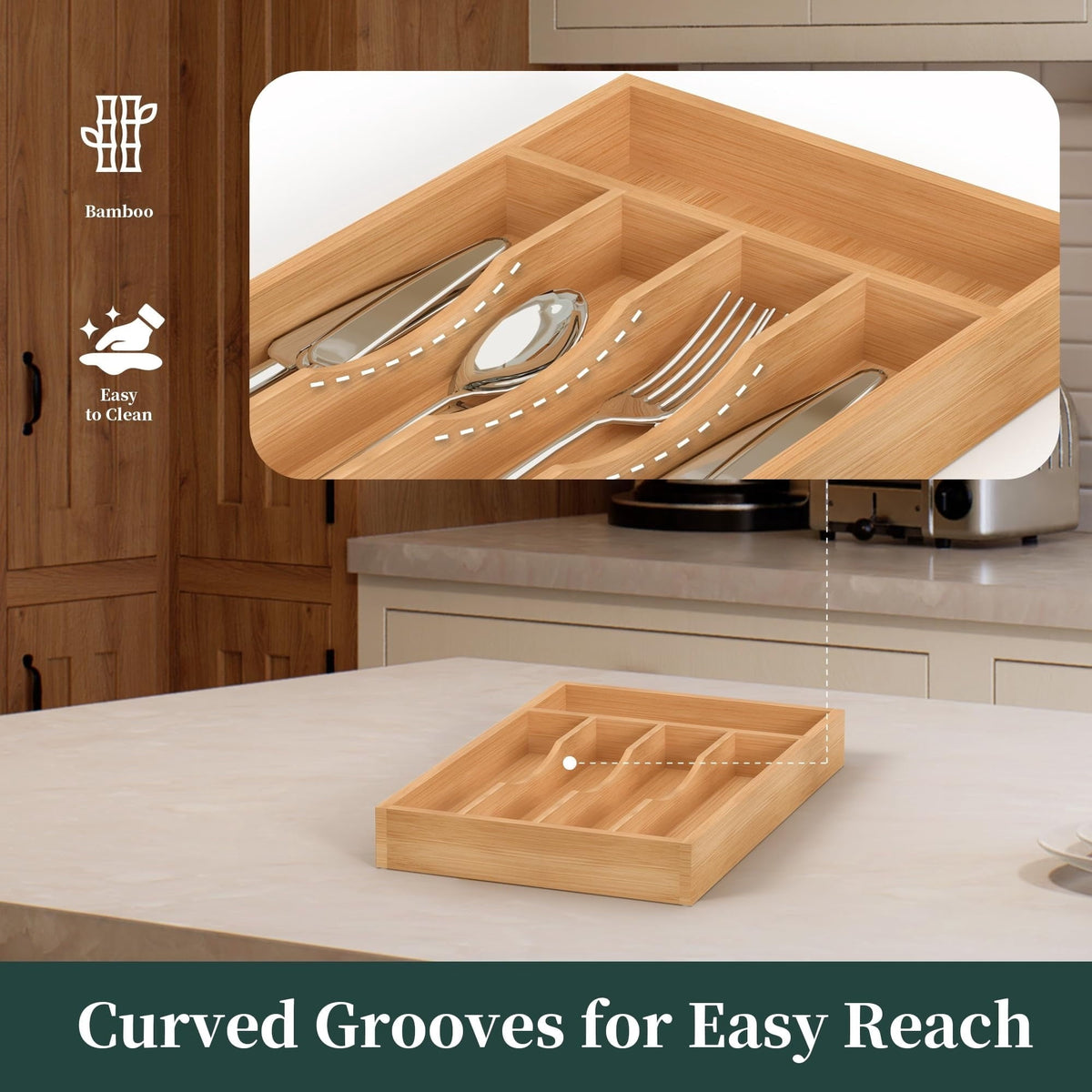 Expandable Bamboo Cutlery Tray with Grooved Dividers