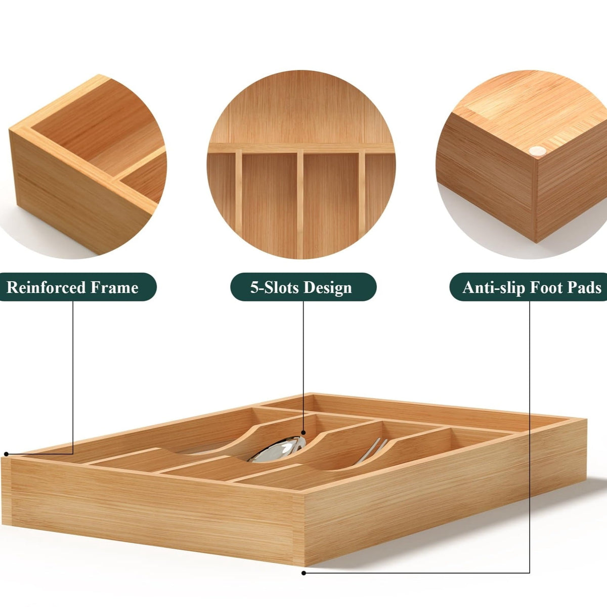Expandable Bamboo Cutlery Tray with Grooved Dividers