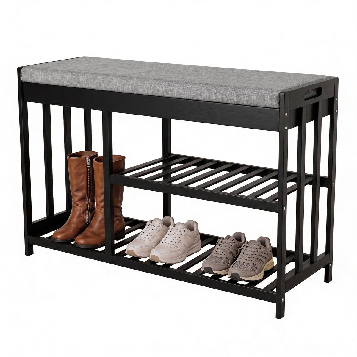 Bamboo Entryway Bench with Cushion, 3-Tier