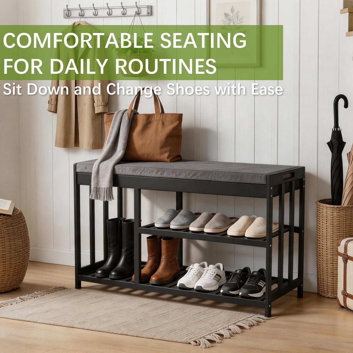 Bamboo Entryway Bench with Cushion, 3-Tier