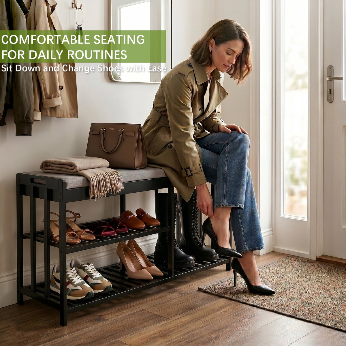Bamboo Entryway Bench with Cushion, 3-Tier