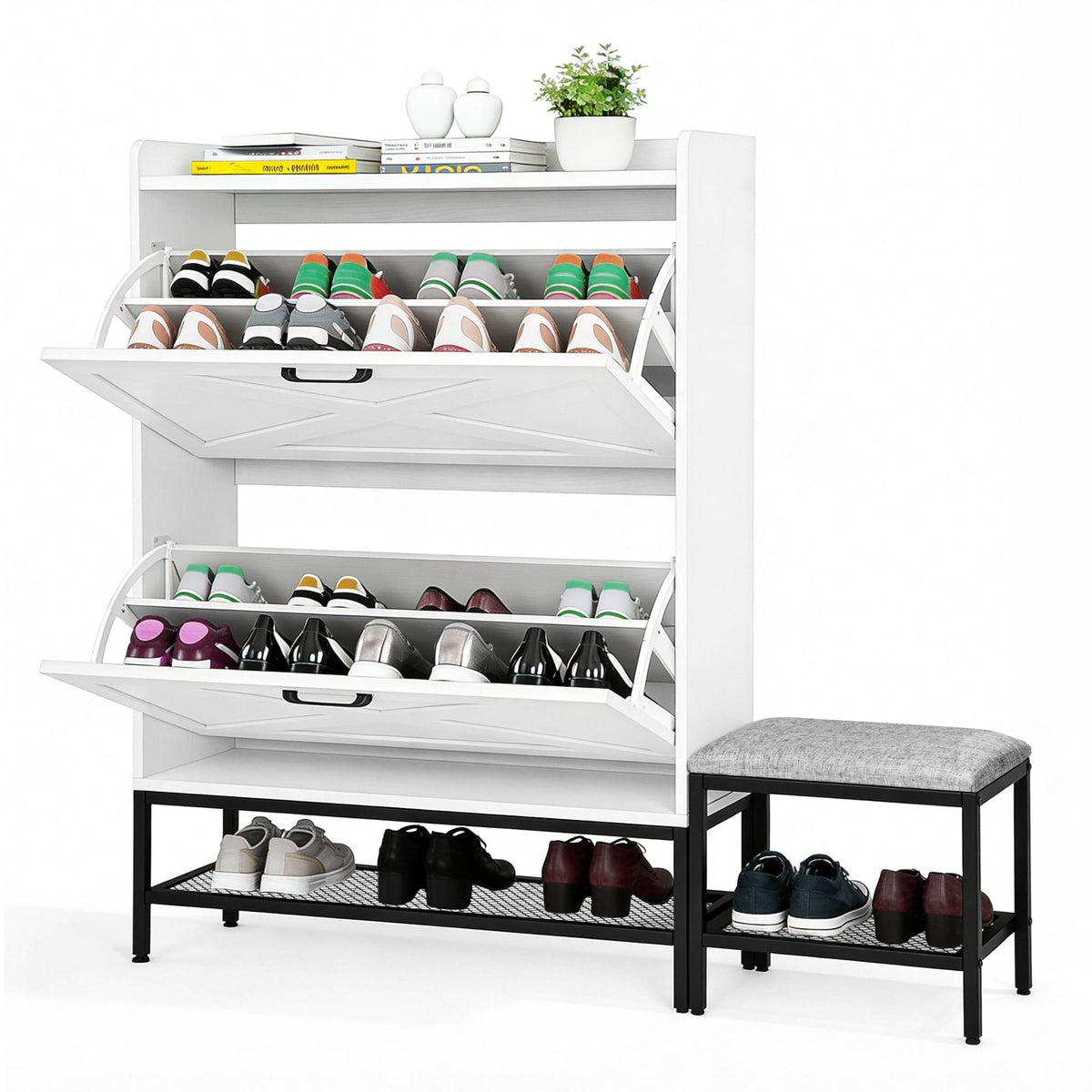 Entryway Storage Cabinet with Bench, White, 47 in