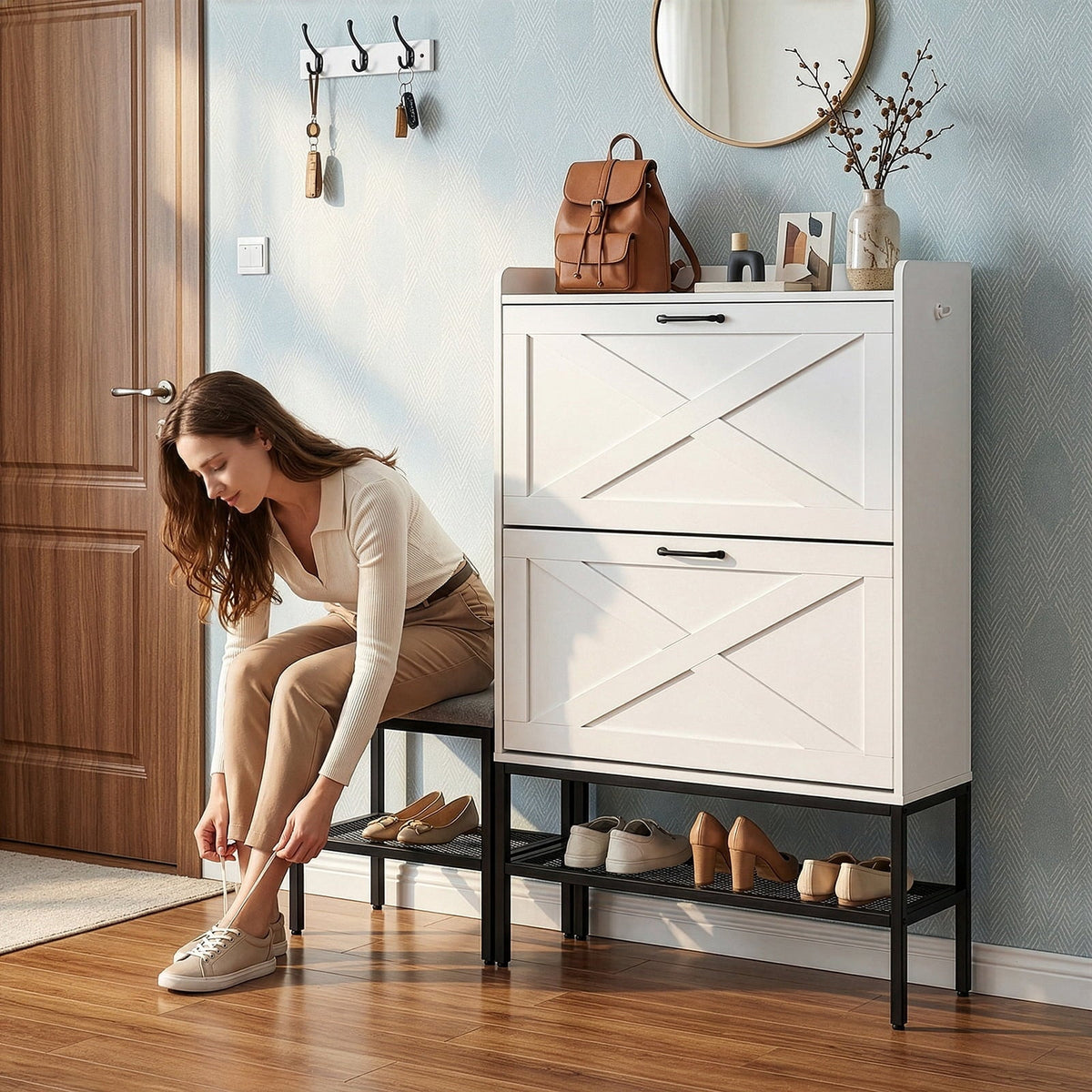 Entryway Storage Cabinet with Bench, White, 47 in