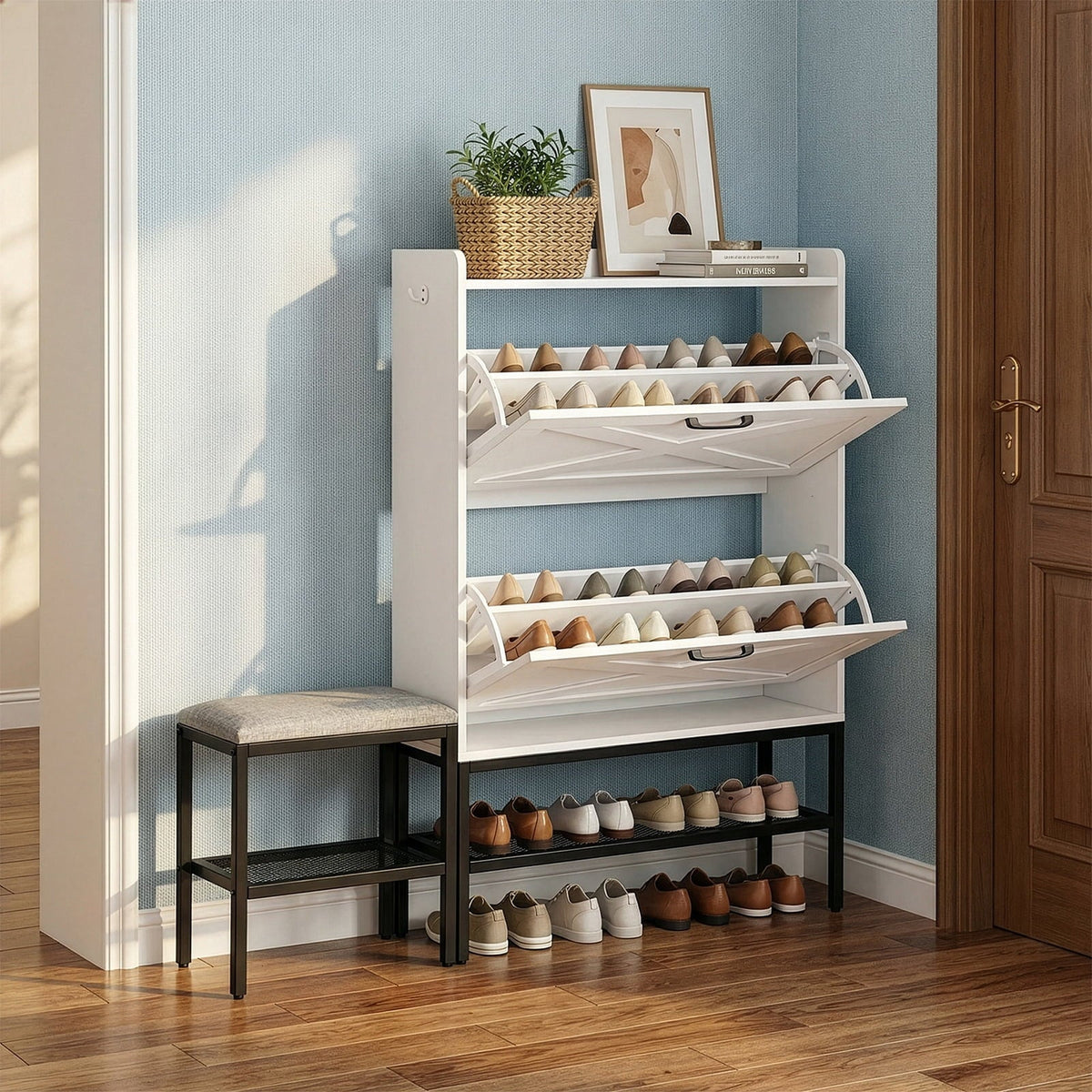 Entryway Storage Cabinet with Bench, White, 47 in