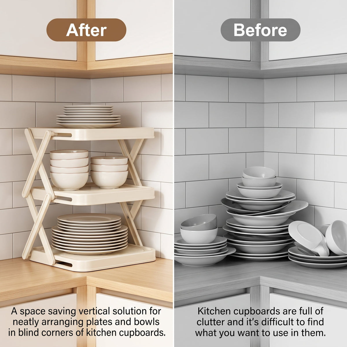 Foldable 3-Tier Corner Plate Rack, White