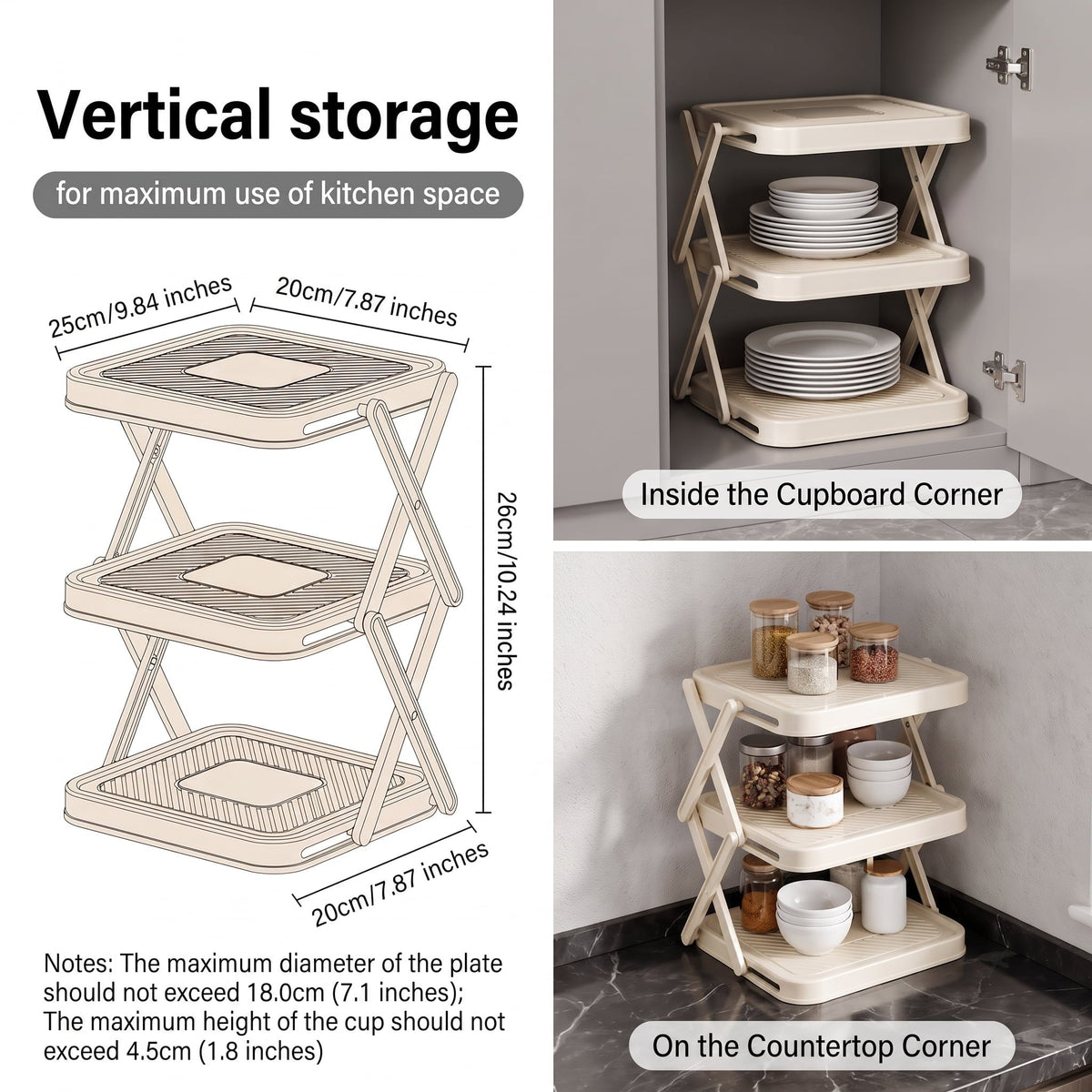 Foldable 3-Tier Corner Plate Rack, White