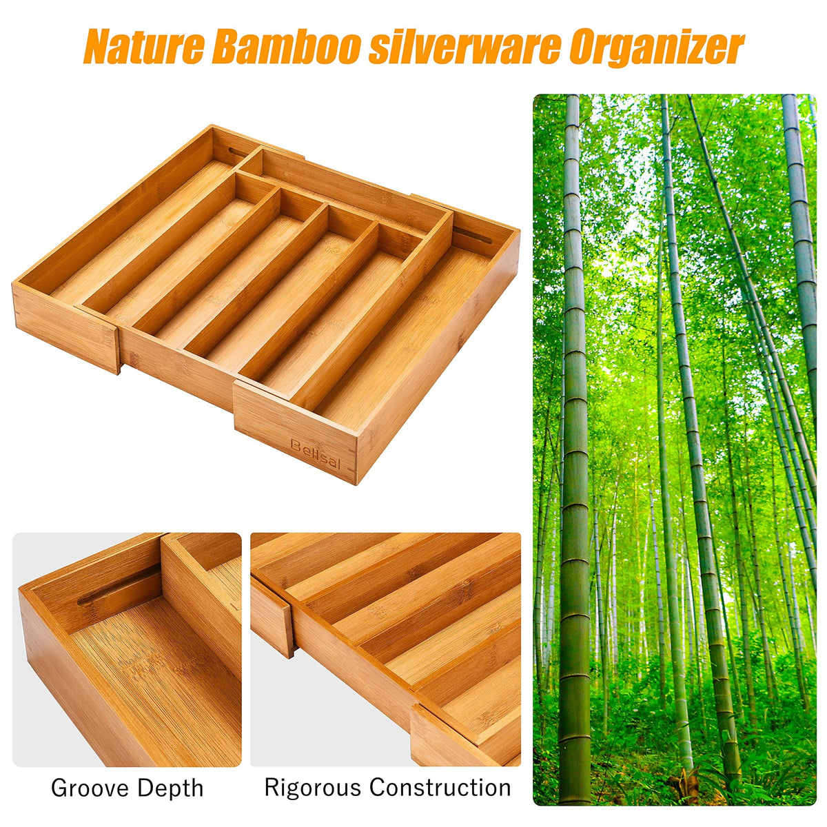 Expandable Bamboo Utensil Tray, 5-7 Compartments