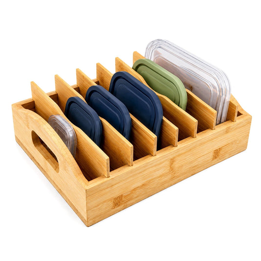 Bamboo Food Lid Organizer with Adjustable Dividers