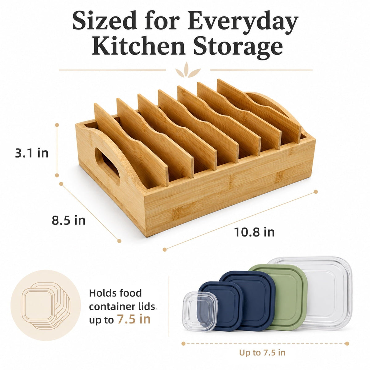Bamboo Food Lid Organizer with Adjustable Dividers