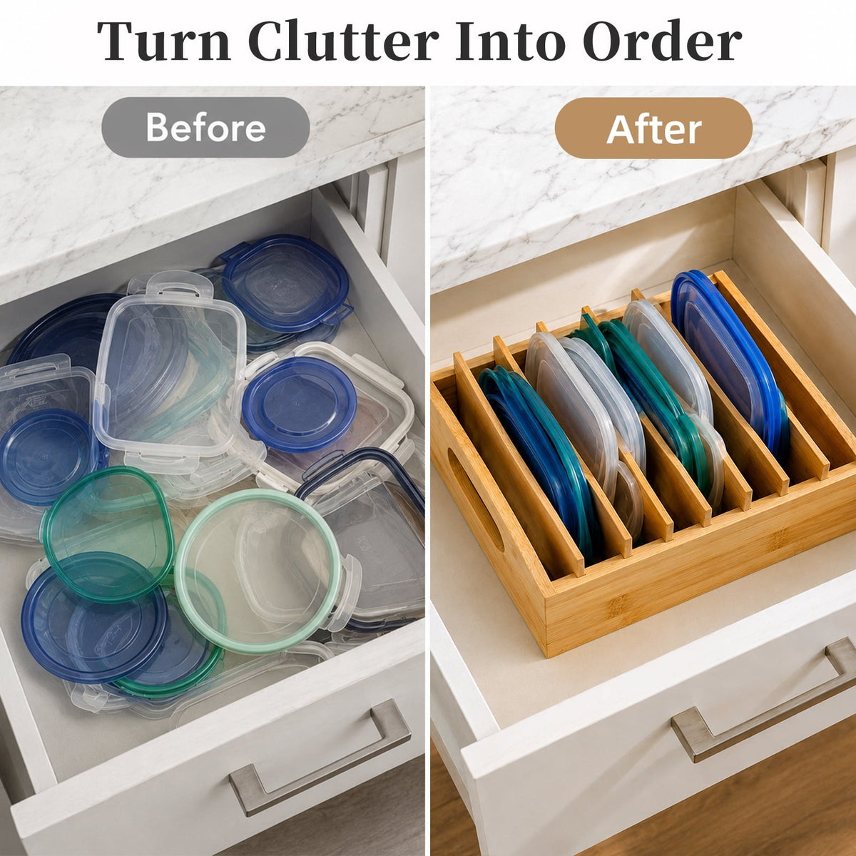 Bamboo Food Lid Organizer with Adjustable Dividers