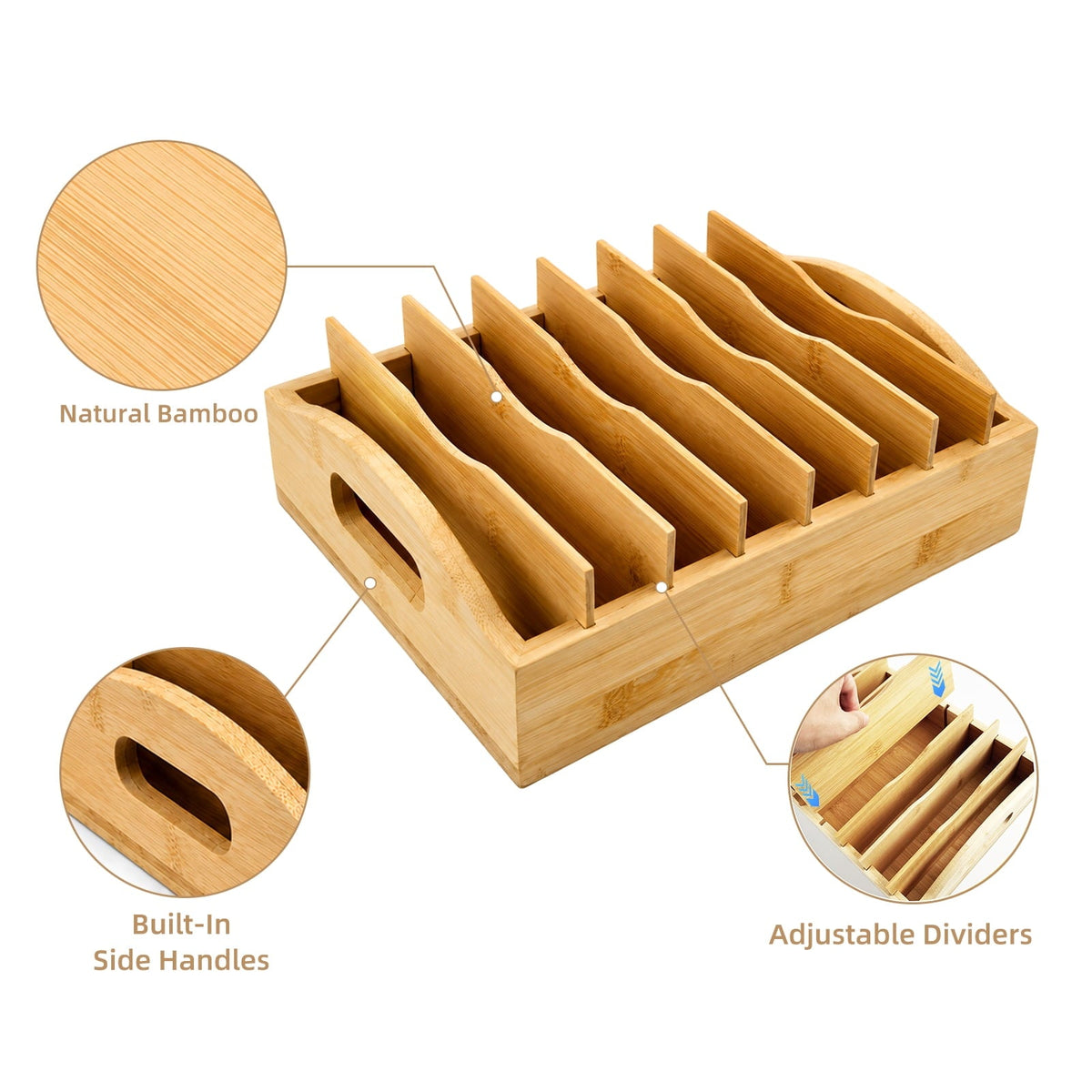 Bamboo Food Lid Organizer with Adjustable Dividers
