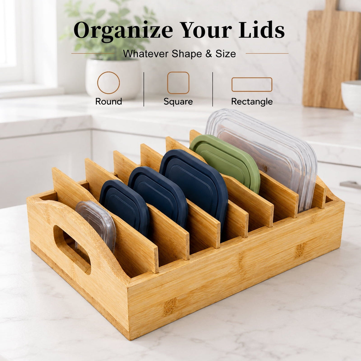 Bamboo Food Lid Organizer with Adjustable Dividers