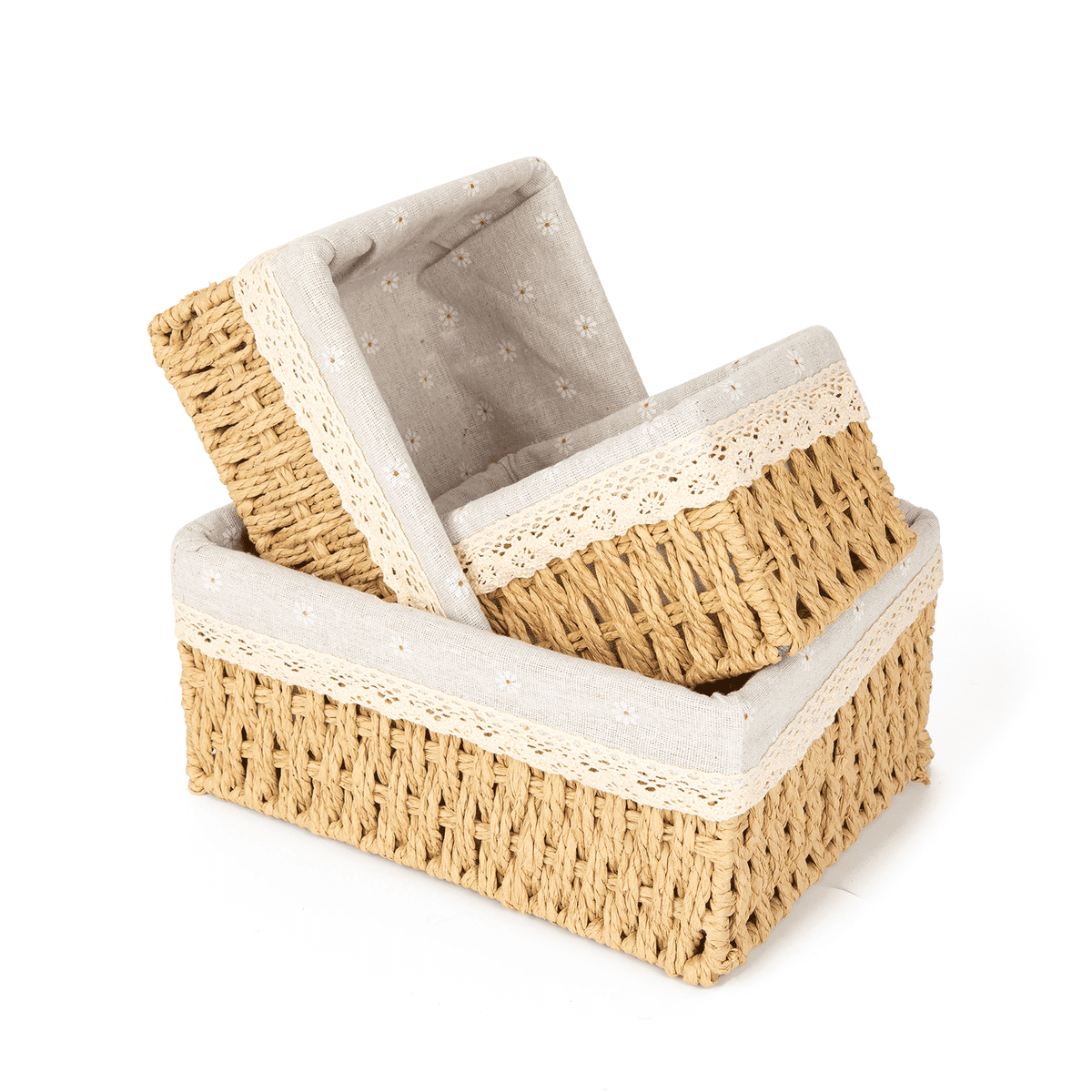 Hand-Woven Paper Rope Baskets with Liners, 3 Pack, Beige