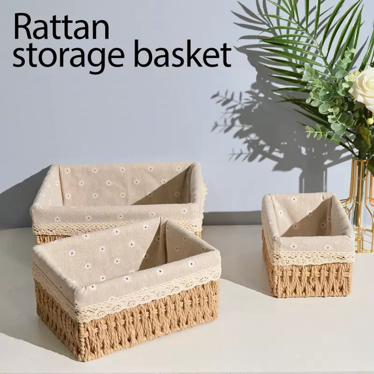 Hand-Woven Paper Rope Baskets with Liners, 3 Pack, Beige