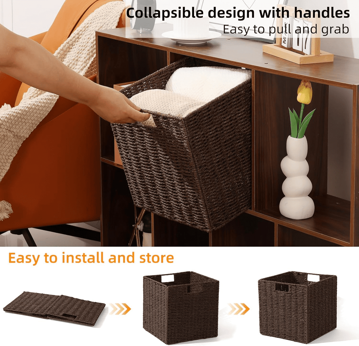 Foldable Paper Rope Cube Baskets, 12 in, 2 Pack