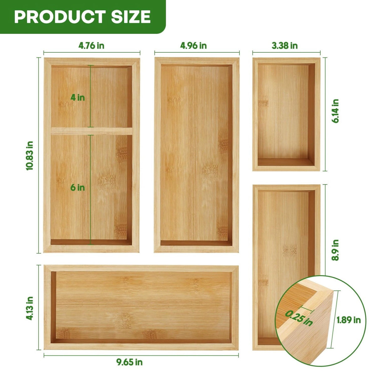 Bamboo Drawer Bin Set, 5 Pieces, 15 x 13 in