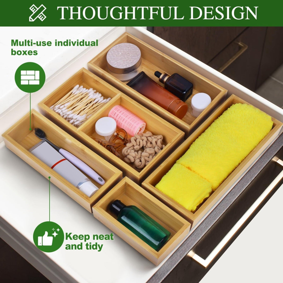 Bamboo Drawer Bin Set, 5 Pieces, 15 x 13 in