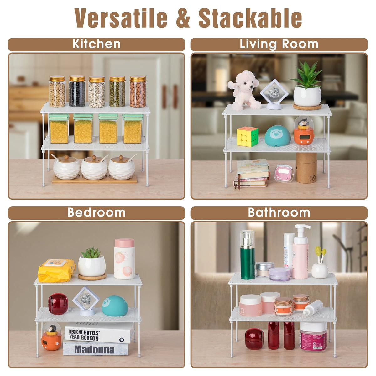 Stackable Spice and Plate Shelf, White, 2 Pack