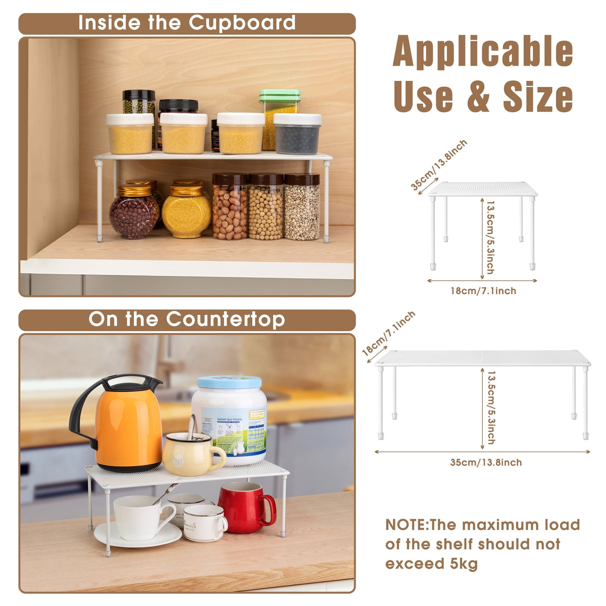 Stackable Spice and Plate Shelf, White, 2 Pack